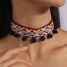 Wholesale Fabric Bohemian Tassel Pom Necklace