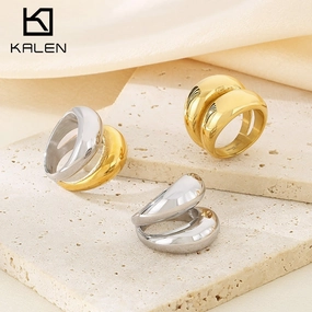 Wholesale Fashion Exaggerated Gold Arc Top Mirror Polished Electroplated 18k Real Gold Titanium Steel Double Row Rings