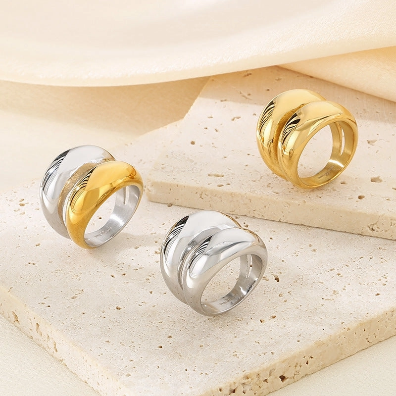 Wholesale Fashion Exaggerated Gold Arc Top Mirror Polished Electroplated 18k Real Gold Titanium Steel Double Row Rings