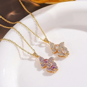 Wholesale fashion jewelry pendant colorful full diamond double butterfly necklace