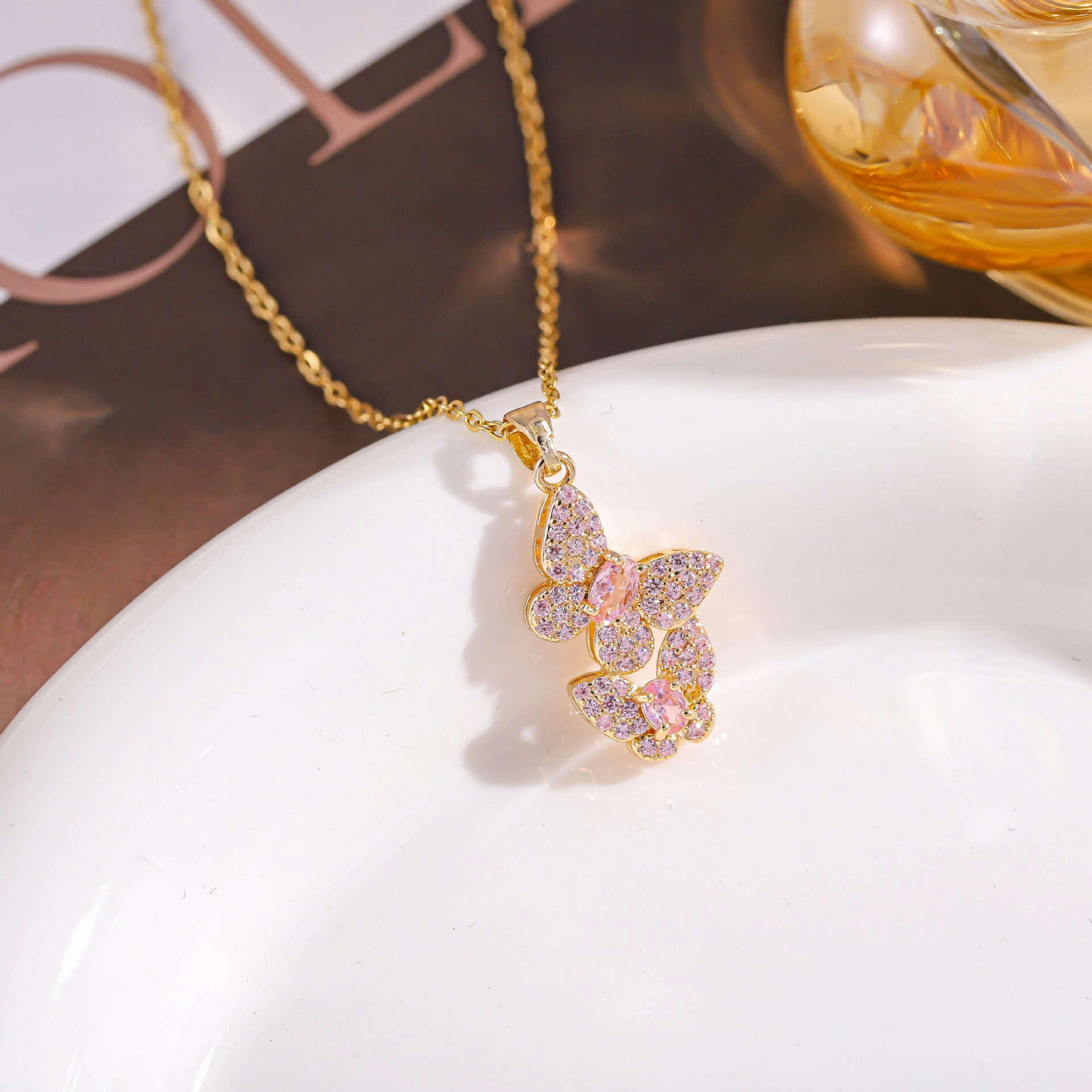 Wholesale fashion jewelry pendant colorful full diamond double butterfly necklace