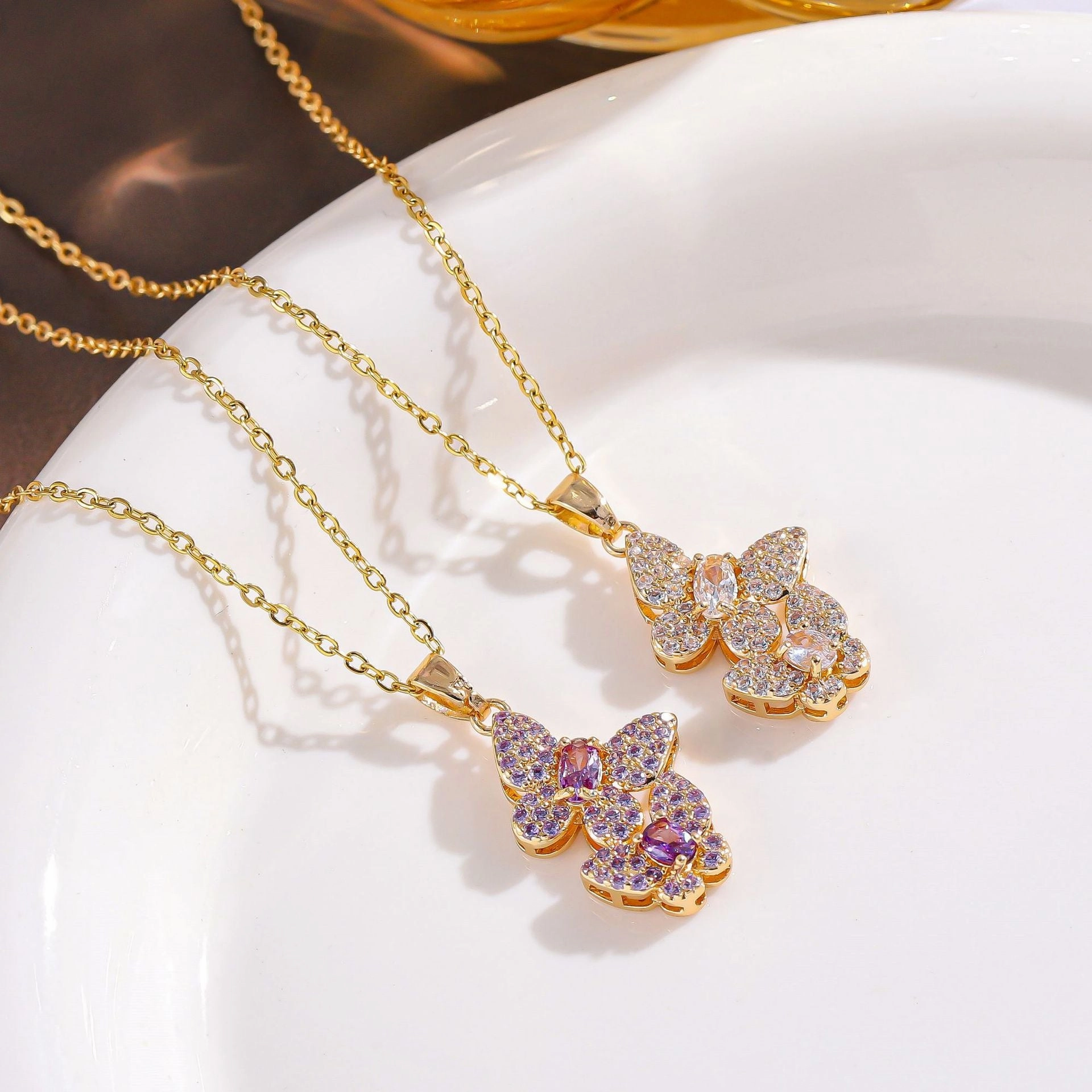Wholesale fashion jewelry pendant colorful full diamond double butterfly necklace