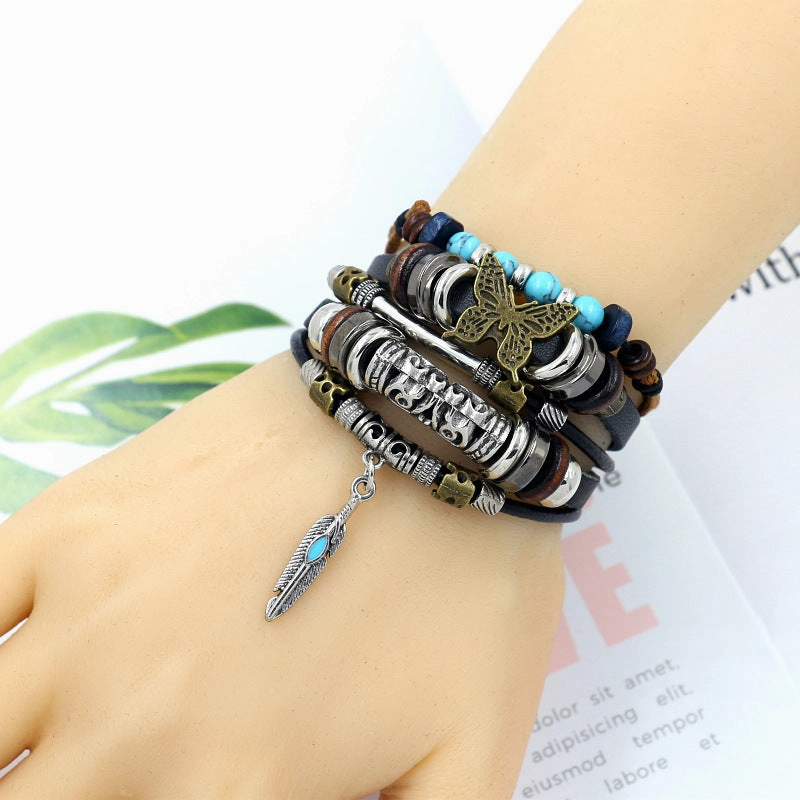 Wholesale Fashion Multi-layer Alloy Beaded Turquoise Braided Bracelet