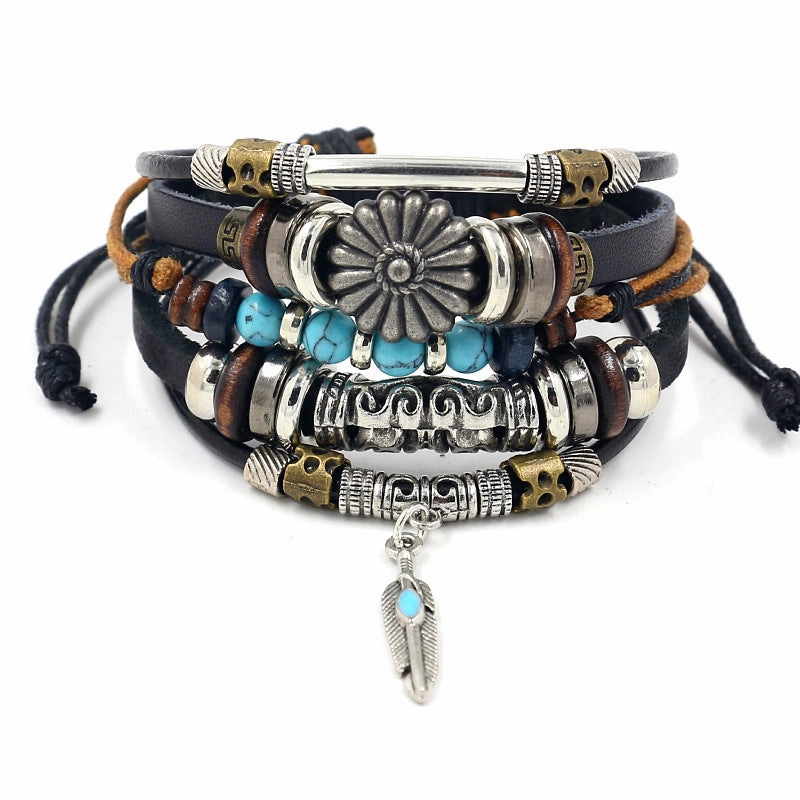 Wholesale Fashion Multi-layer Alloy Beaded Turquoise Braided Bracelet
