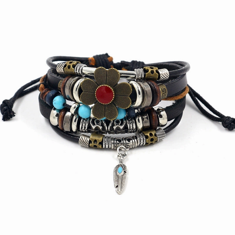 Wholesale Fashion Multi-layer Alloy Beaded Turquoise Braided Bracelet