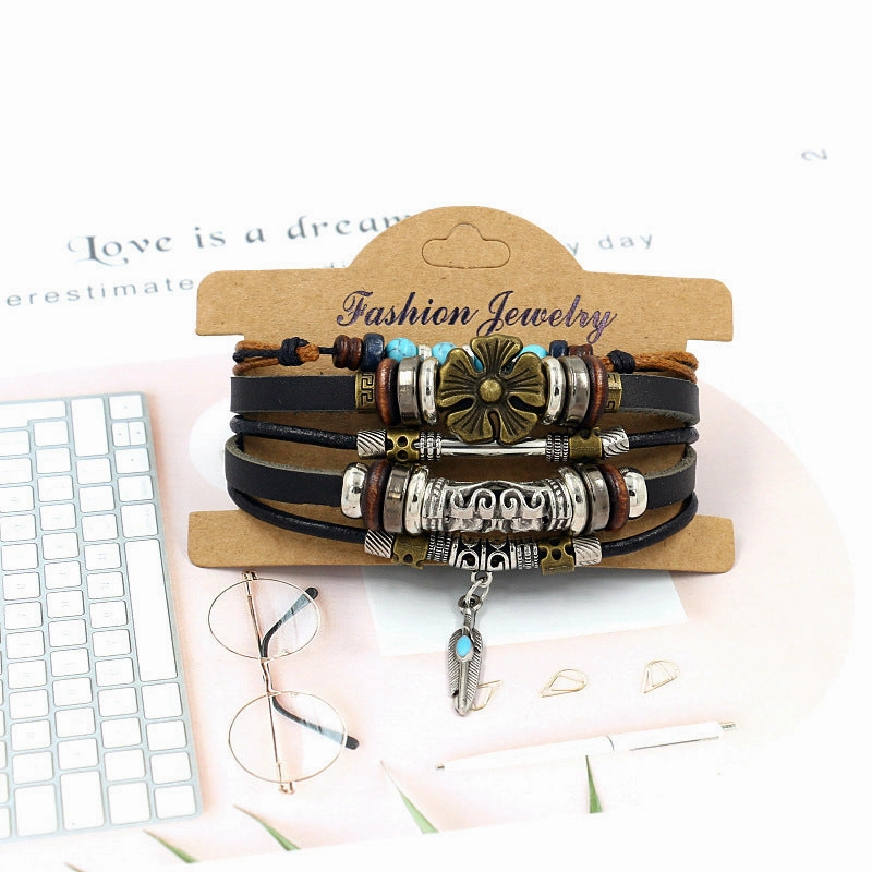 Wholesale Fashion Multi-layer Alloy Beaded Turquoise Braided Bracelet