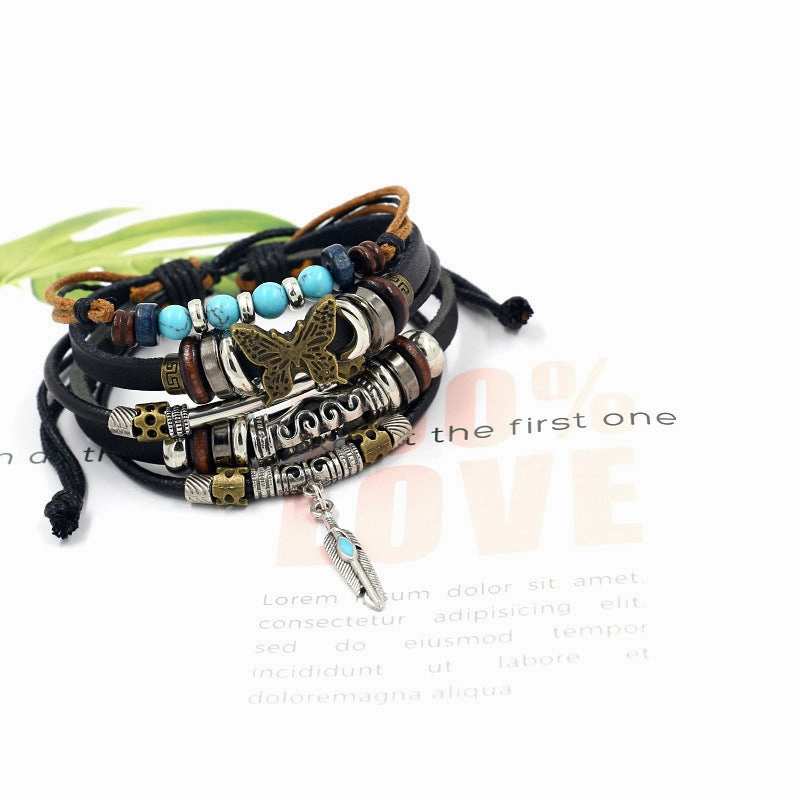 Wholesale Fashion Multi-layer Alloy Beaded Turquoise Braided Bracelet