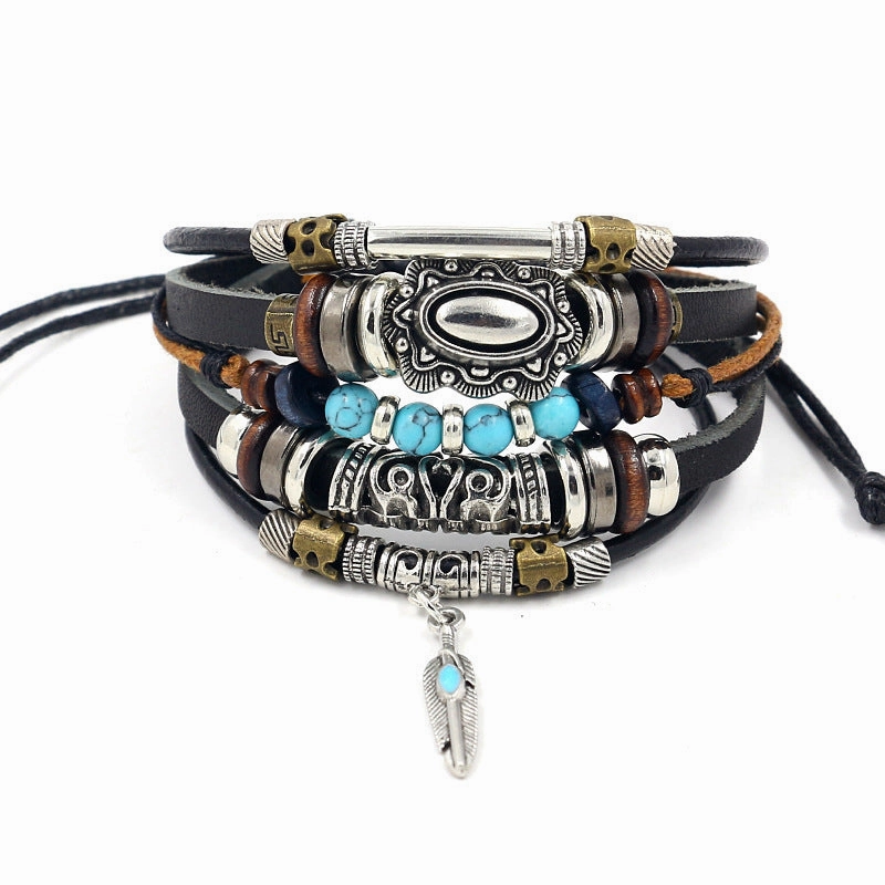 Wholesale Fashion Multi-layer Alloy Beaded Turquoise Braided Bracelet