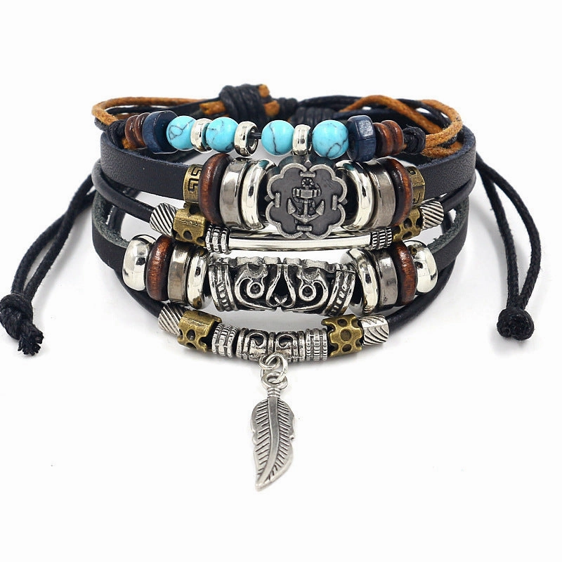 Wholesale Fashion Multi-layer Alloy Beaded Turquoise Braided Bracelet