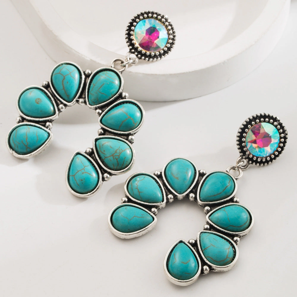 Wholesale Fashion Retro Turquoise Earrings High-end Bohemian Leopard Leather Exaggerated Earrings