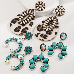 Wholesale Fashion Retro Turquoise Earrings High-end Bohemian Leopard Leather Exaggerated Earrings