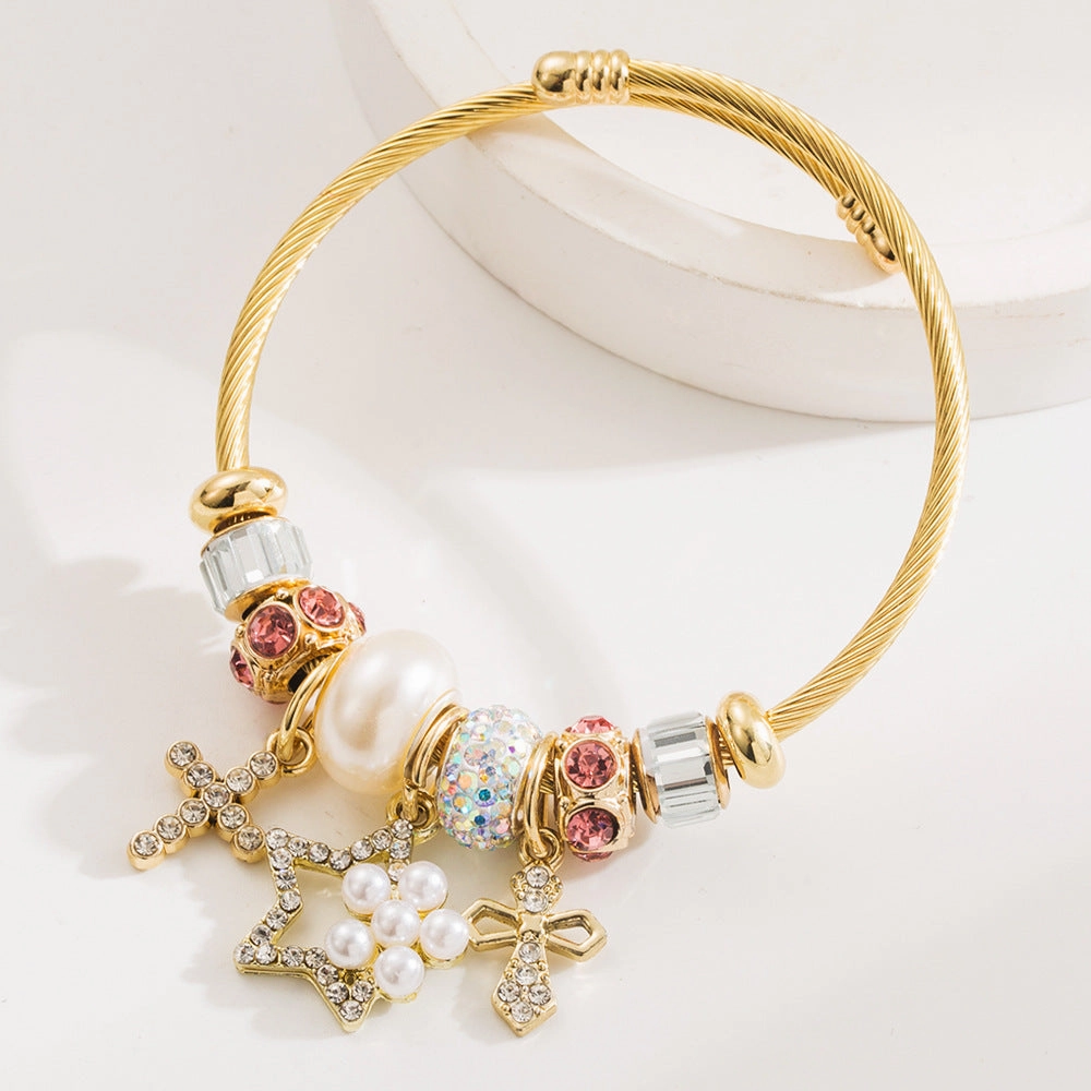 Wholesale Fashion Stainless Steel Open Heart Cross Bear Diamond Bracelet