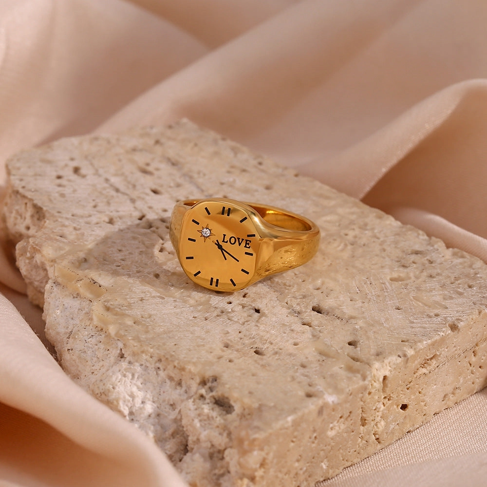 Wholesale Fashion Stainless Steel Plated 18K Gold LOVE Zircon Clock Ring