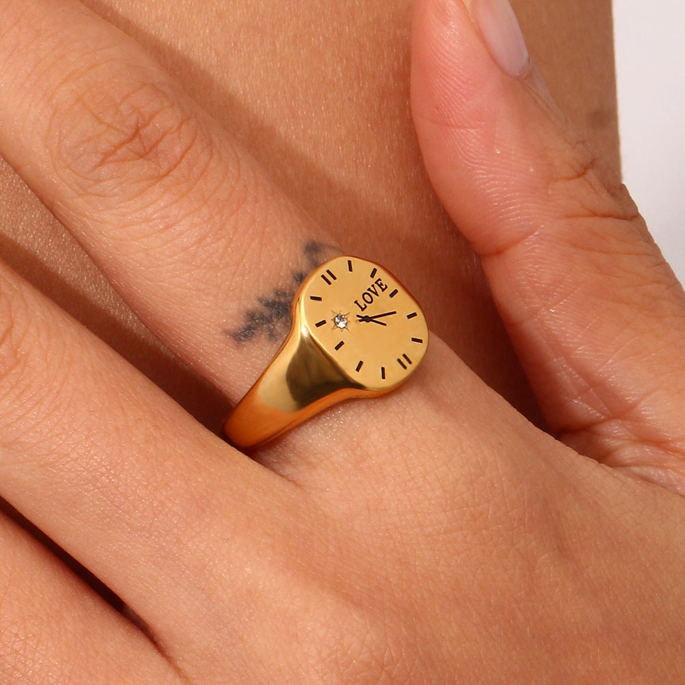 Wholesale Fashion Stainless Steel Plated 18K Gold LOVE Zircon Clock Ring