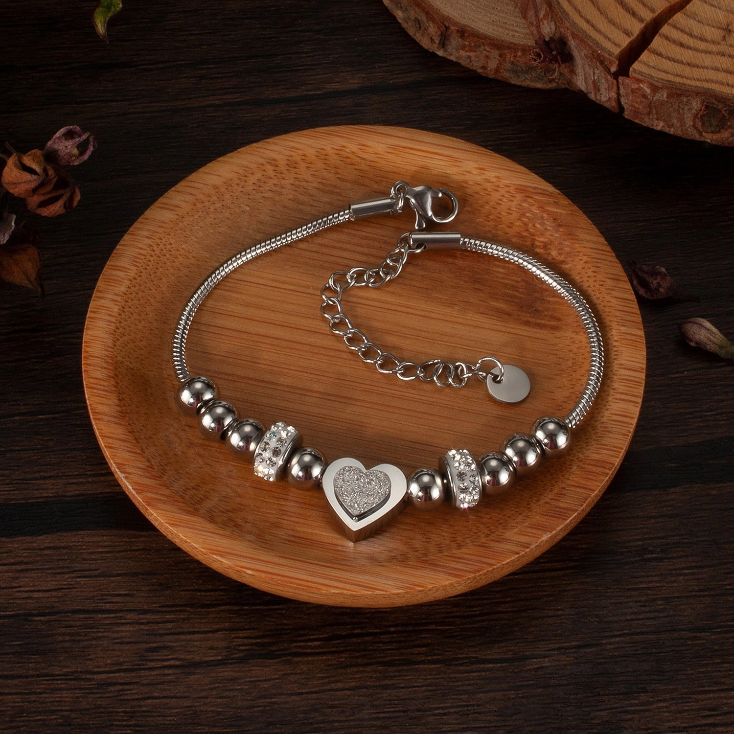 Wholesale Fashion Zircon Three-dimensional Frosted Heart Stainless Steel Beaded Bracelet