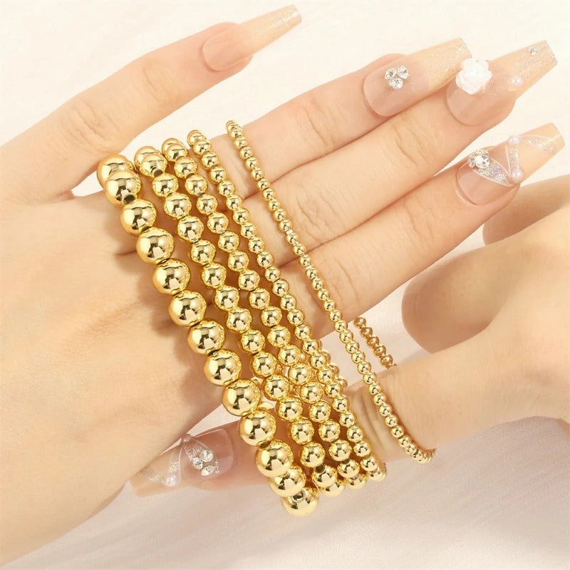 Wholesale Fashionable Color-Retaining Design Hand-Woven Copper Plated 18K Gold Bead Elastic Bracelet