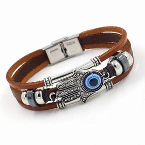 Wholesale Fatima Palm Devil Eyes Beaded Multi Layer Braided Stainless Steel Bracelet