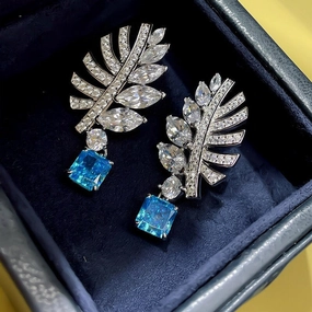 Wholesale Feather Leaf Zircon Blue Gemstone Earrings