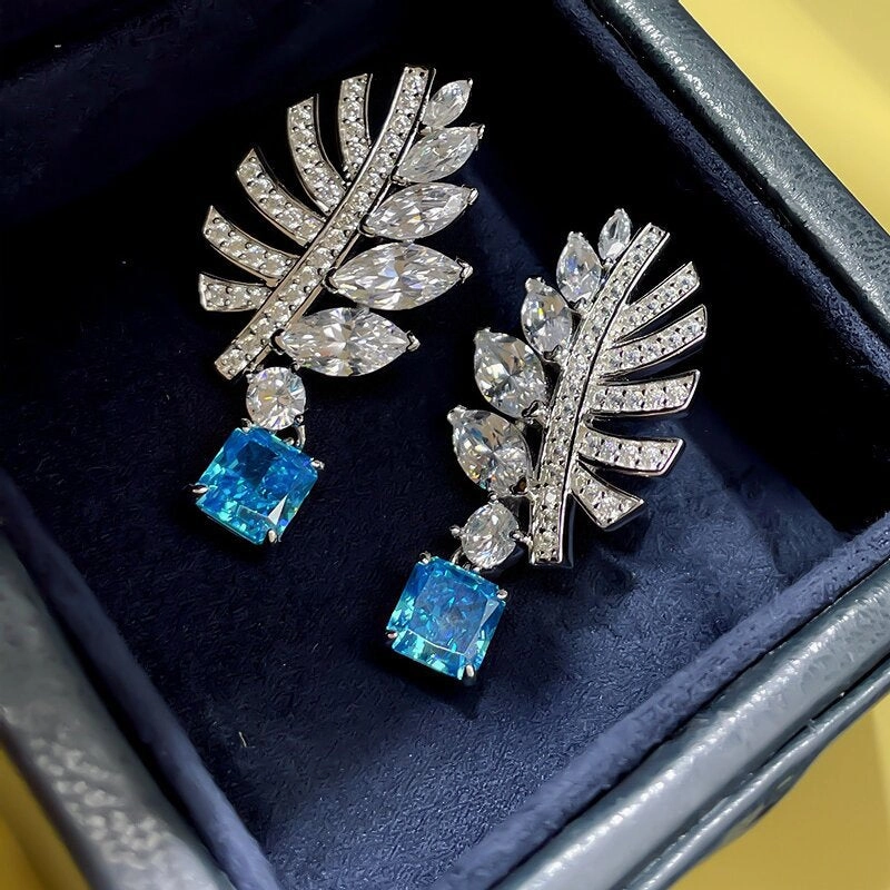 Wholesale Feather Leaf Zircon Blue Gemstone Earrings