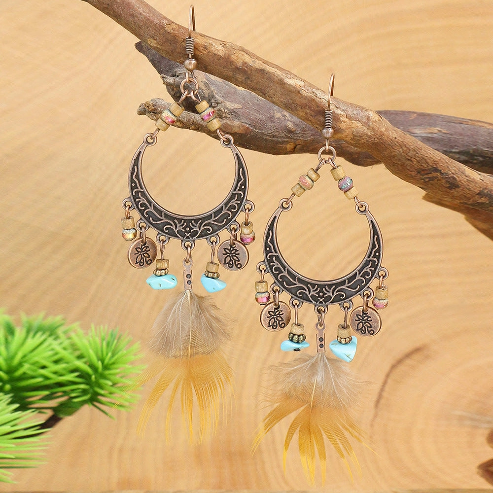 Wholesale Feather Old Long Tassel Alloy Earrings