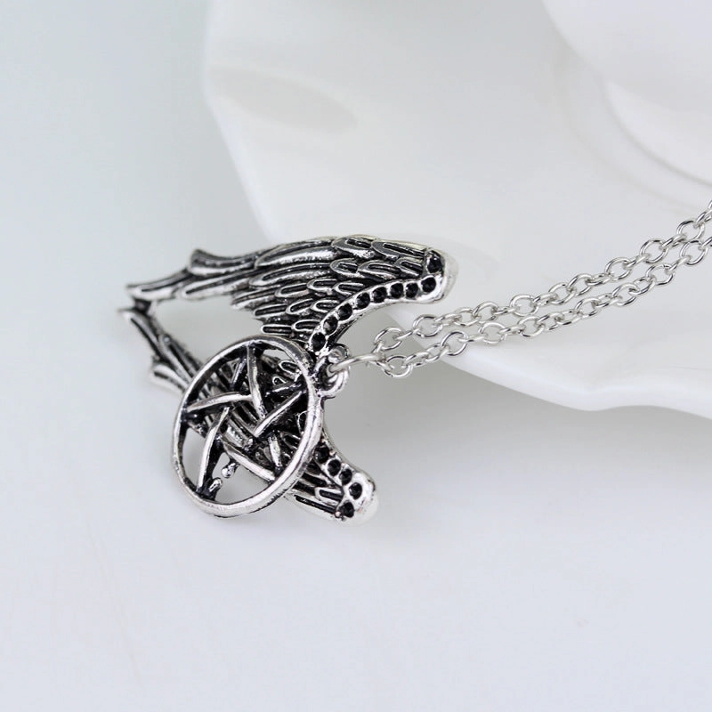 Wholesale Film and Television Evil Force Pentagram Wings Alloy Necklace