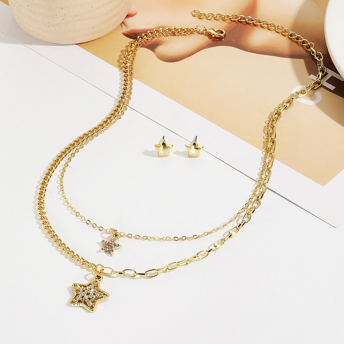 Wholesale Five-pointed Star Stacked Zircon Metal Multi-layer Necklace Jewelry Set
