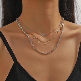 Wholesale Five-pointed Star Stacked Zircon Metal Multi-layer Necklace Jewelry Set
