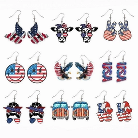 Wholesale Flag Butterfly Cow Finger Smiley Eagle Love Heart American Independence Day Earrings