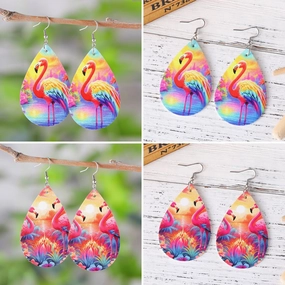 Wholesale Flamingo Double Sided Printed PU Leather Water Drop Earrings