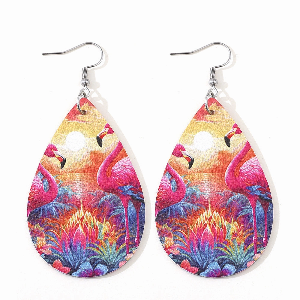 Wholesale Flamingo Double Sided Printed PU Leather Water Drop Earrings