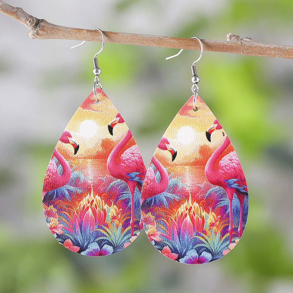 Wholesale Flamingo Double Sided Printed PU Leather Water Drop Earrings