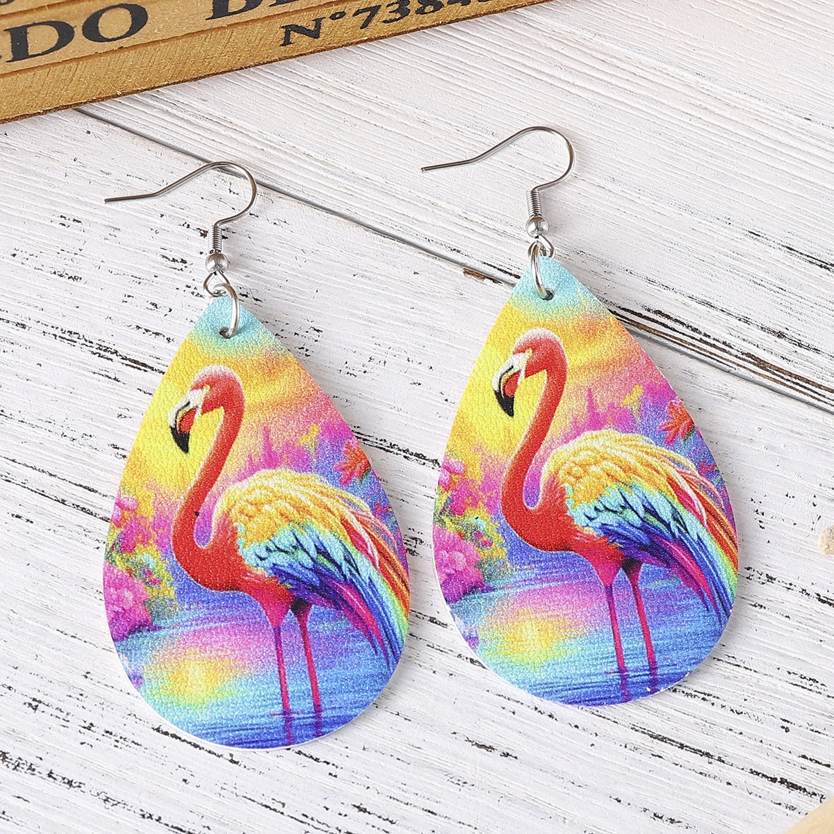Wholesale Flamingo Double Sided Printed PU Leather Water Drop Earrings