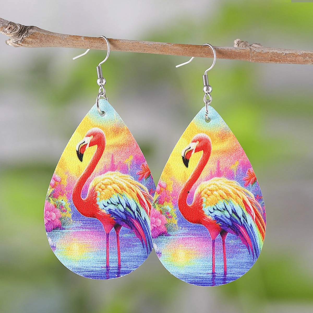 Wholesale Flamingo Double Sided Printed PU Leather Water Drop Earrings
