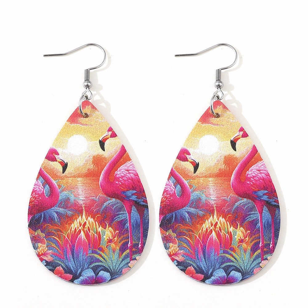 Wholesale Flamingo Double Sided Printed PU Leather Water Drop Earrings