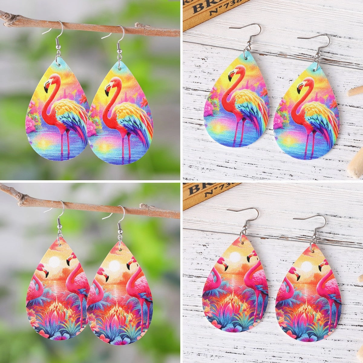 Wholesale Flamingo Double Sided Printed PU Leather Water Drop Earrings
