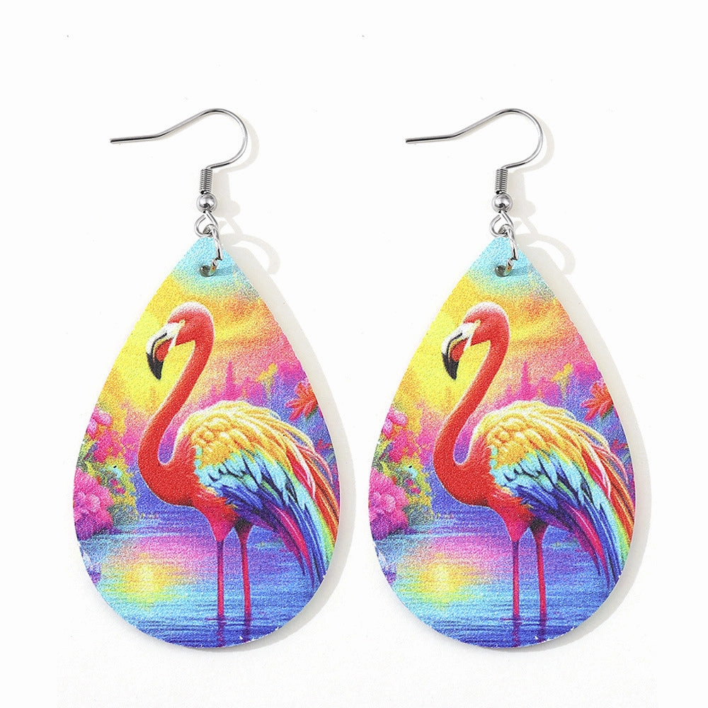 Wholesale Flamingo Double Sided Printed PU Leather Water Drop Earrings