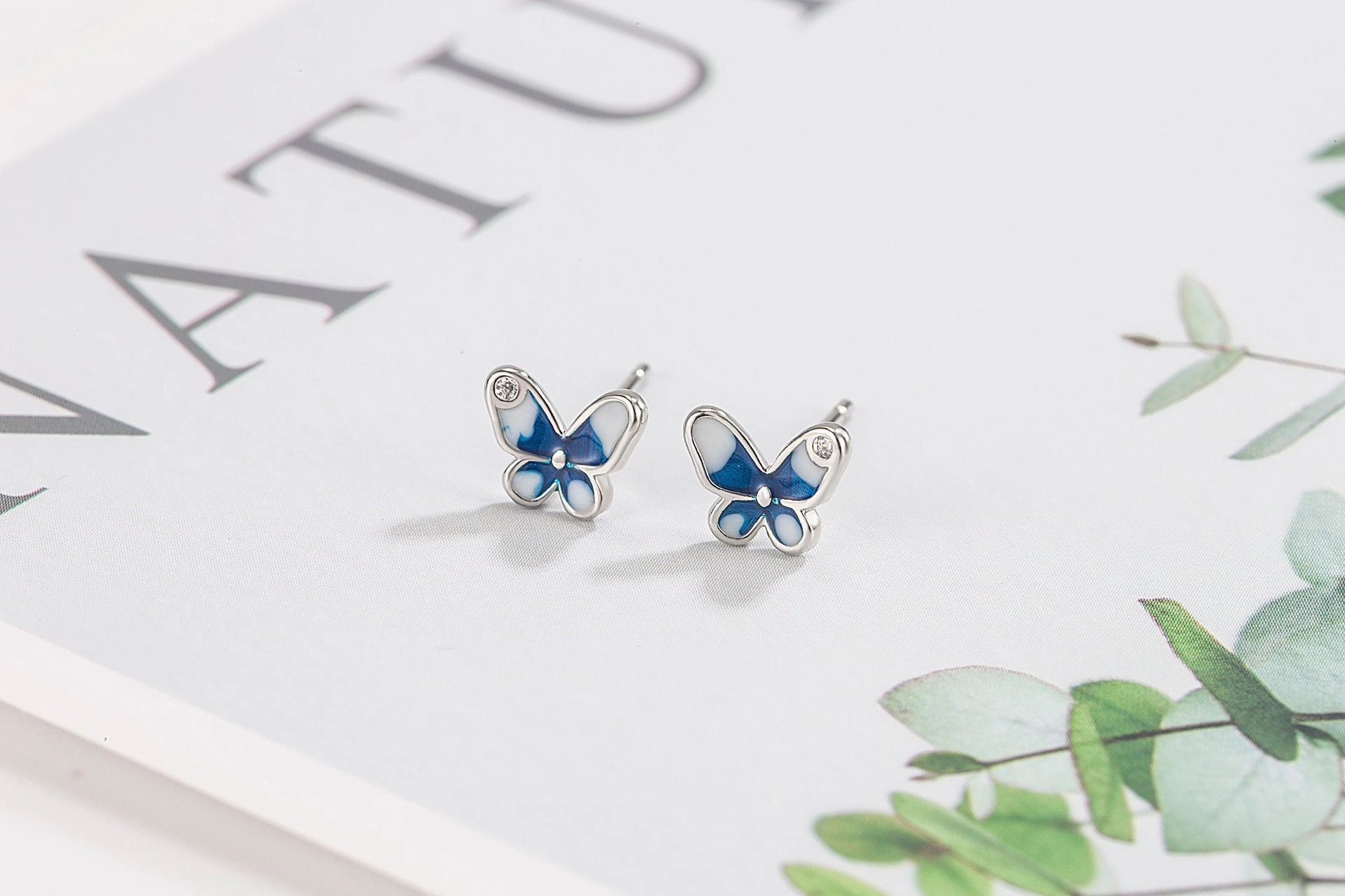 Wholesale Flash Diamond Blue Butterfly Copper Earrings