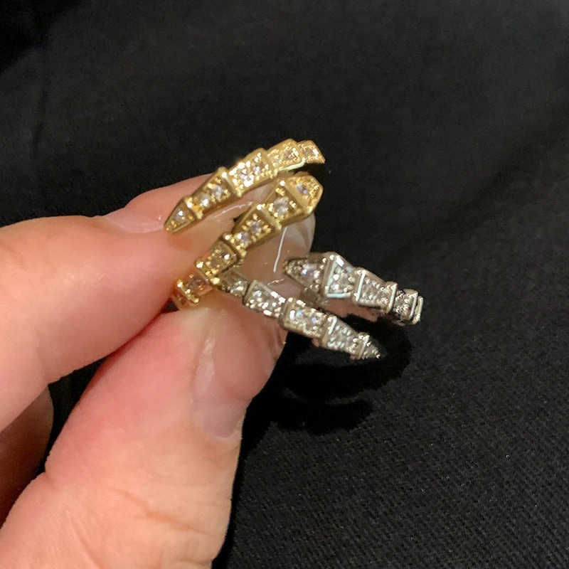 Wholesale Flash diamond snake-shaped ins silver open advanced texture simple all-match ring