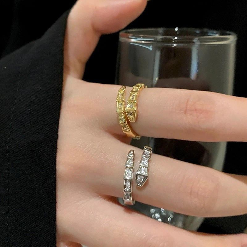 Wholesale Flash diamond snake-shaped ins silver open advanced texture simple all-match ring