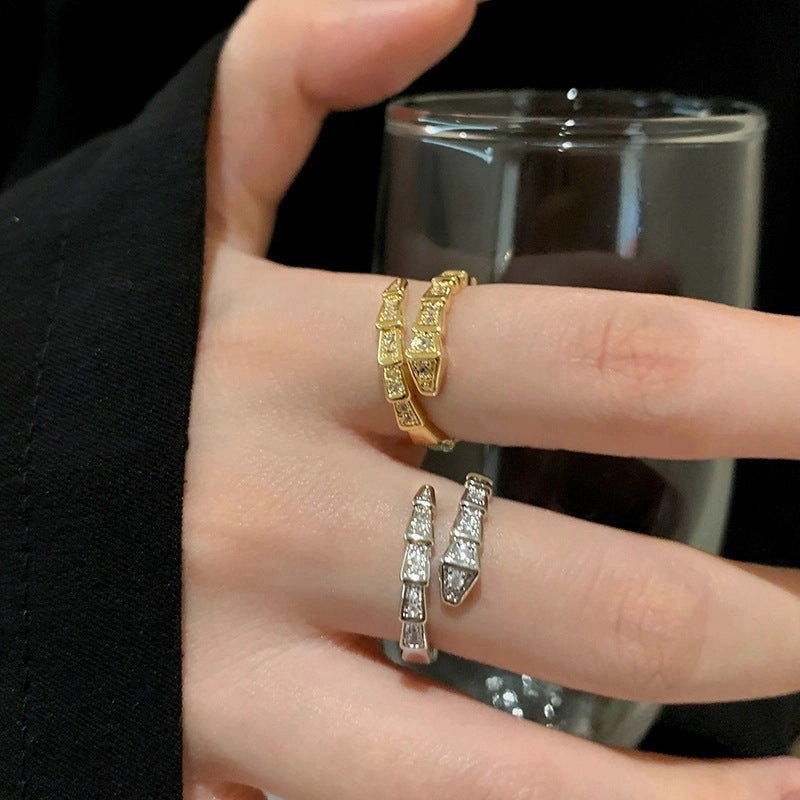 Wholesale Flash diamond snake-shaped ins silver open advanced texture simple all-match ring