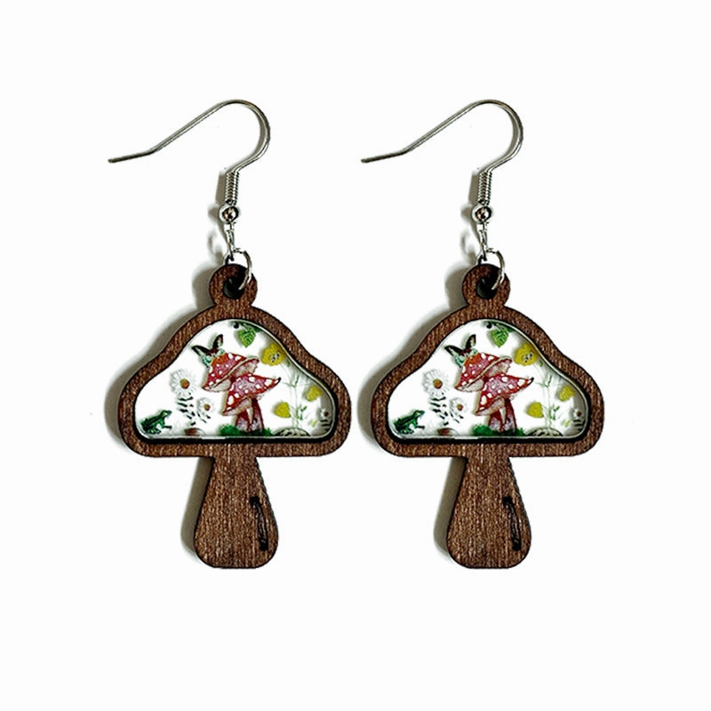Wholesale Floral Mushroom Wooden Earrings