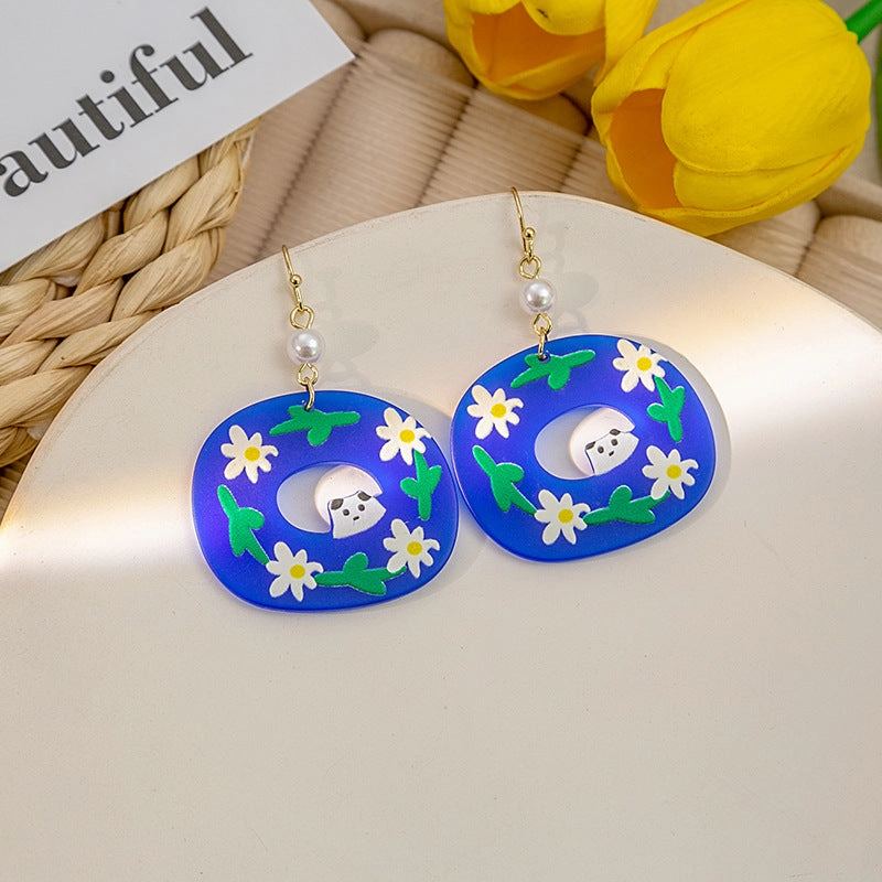 Wholesale Flower and Leaf Oil Painting Silver Needle Acrylic Earrings