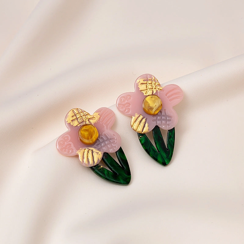Wholesale Flower and Leaf Oil Painting Silver Needle Acrylic Earrings