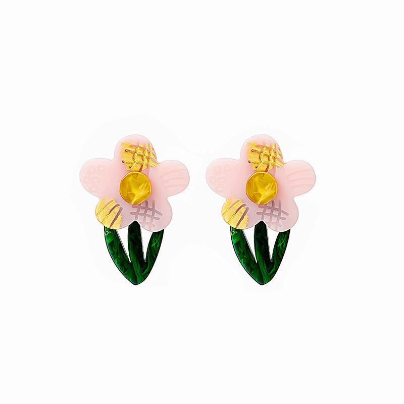 Wholesale Flower and Leaf Oil Painting Silver Needle Acrylic Earrings
