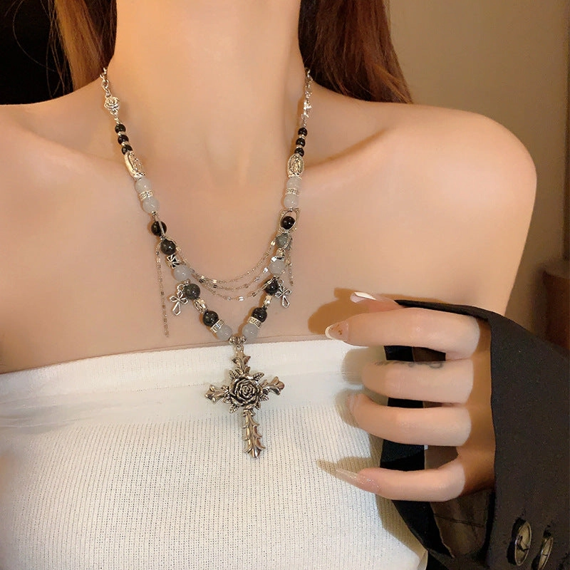 Wholesale Flower Cross Beaded Multi-layer Clavicle Chain Necklace
