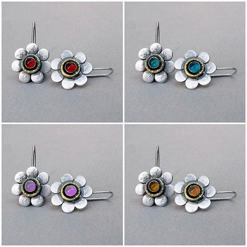 Wholesale Flower Inlaid Gemstone Forest Plant Flower Alloy Earrings