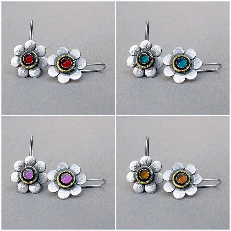 Wholesale Flower Inlaid Gemstone Forest Plant Flower Alloy Earrings
