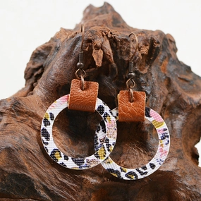 Wholesale Flower Leopard Print Abstract Painting Graffiti Hollow Circular Leather Earrings