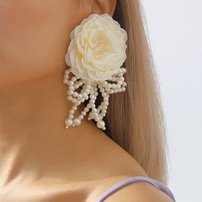 Wholesale Flower Pearl Bow Tassel Earrings
