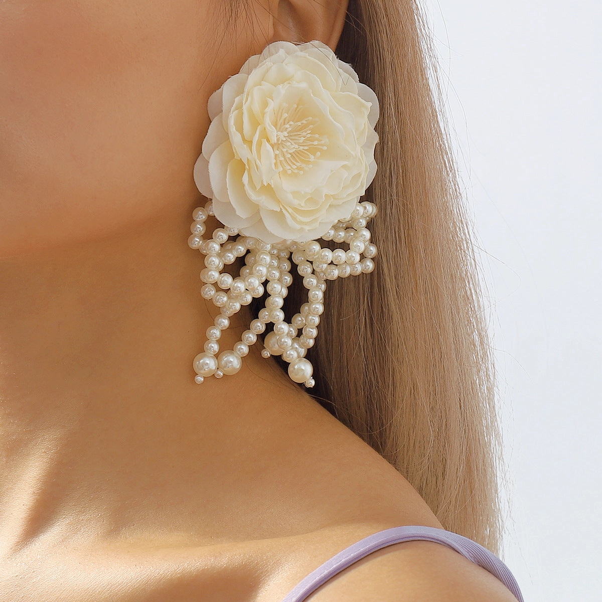 Wholesale Flower Pearl Bow Tassel Earrings